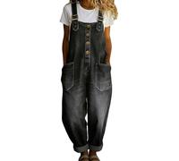 Mono Vaquero Desgastado Vintage de los años 90 para Mujer, sin Mangas, Ajuste Holgado, Dobladillo Enrollado, Pierna Recta, Mono Vaquero con Bolsillos,Negro,S