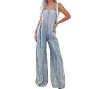 Mono Vaquero Desgastado Vintage Holgado para Mujer, Mono Informal Holgado con Empalme, Pantalones Vaqueros de Pierna Ancha, Monos Largos,Light Blue,S