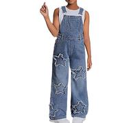 Mono Vaquero Moderno con Estrella para niñas, Mono Informal de Pierna Ancha para Adolescentes, Atuendo cómodo de Verano y otoño. (Blue, 8-9 Years)