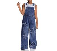 Mono Vaquero Moderno con Estrella para Niñas Pantalón Informal Pierna Ancha Adolescente Atuendo Cómodo Verano Otoño Juvenil (Dark Blue, 12-13 Years)
