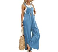Mono Vaquero Mono Holgado De Talla Grande para Mujer, Color Liso, con Botones Y Pierna Recta.-Azul-S