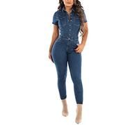 Mono vaquero para mujer, de manga corta, elegante, curvy, con botones, mono de verano, multibolsillo, corte ajustado, traje de cuerpo entero, elástico, pantalones de trabajo, pelele, azul, S