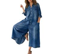 Mono vaquero para mujer, de manga larga, con botones, elegante, vaquero, body, pierna ancha, dos piezas, holgado, informal, a la moda, con bolsillos, ropa de verano, una pieza, pelele para mujer, azul