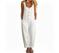 Mono vaquero para mujer de verano para mujer en estilo vintage de los años 90 en aspecto desgastado, ancho sin mangas, mono holgado con bolsillos y pierna ancha, elegante vaquero, Blanco, 3XL