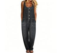 Mono vaquero para mujer de verano para mujer en estilo vintage de los años 90 en aspecto desgastado, ancho sin mangas, mono holgado con bolsillos y pierna ancha, elegante vaquero, Negro , M