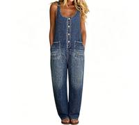 Mono vaquero para mujer de verano para mujer en estilo vintage de los años 90 en aspecto desgastado, ancho sin mangas, mono holgado con bolsillos y pierna ancha, elegante vaquero, BU1, L