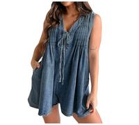 Mono vaquero para mujer, holgado, sin mangas, con cordón, sin mangas, con cordones en la parte delantera, cómodo, moderno, informal, mono con pierna ancha, cuello en V, O azul., S