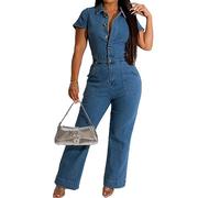 Mono vaquero para mujer, manga corta, con botones, ajuste elástico, pierna ancha, mono vaquero largo, peleles,Azul,S