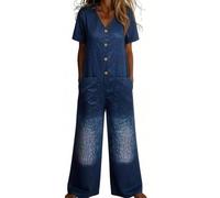 Mono vaquero para mujer, mono de verano de manga larga, hombros descubiertos, una pieza, pierna ancha, mono vaquero vintage, estilo vaquero, largo, recto, informal, holgado, con bolsillos, azul, S