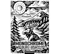 Monochrome Wildlife of the USA National Parks: 63 Park Animals in Easy Black & White Woodcut-Inspired Illustrations for Slow, Relaxing One-Pen Coloring