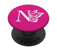 Monograma de Mariposa Inicial de Nombre Letra N en Blanco PopSockets PopGrip Adhesivo