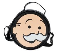 Monopoly - Bolso cruzado redondo de cuero vegano con correas ajustables, aplique de cara Mr Monopoly de primer plano, color negro