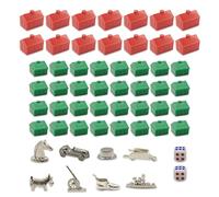Monopoly Juego de piezas de repuesto - 12 hoteles rojos, 32 casas verdes y 8 figuras de metal - Accesorios Monopoly de alta calidad de repuesto para juegos de mesa, casas y hoteles de plástico