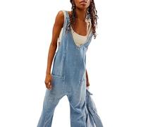 Monos de mezclilla para mujer - Casual con cuello en V Holgado Ajuste holgado Correa ajustable Babero Jeans Pantalones Monos cargo con Bolsillos Piernas estrechas Tirantes Mamelucos (Cielo,S)