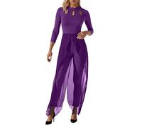 Monos De Mujer Cortos -Jumpsuit informal holgado cuello redondo, color liso aberturas uso diario, casa, verano y otoño (Purple, L)