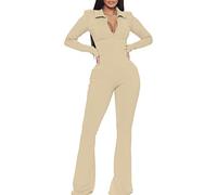 Monos De Vestir Mujer -Conjunto Dos Piezas s oficina otoño, pantalones acampanados, cremallera, manga larga, cuello vuelto, s talla gran(Khaki, L)