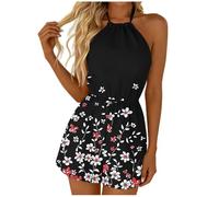Monos de Vestir Mujer,Overol Corto de Verano para Mujer Casual Cuello Halter Mameluco Sin Mangas con Estampado Floral Cintura Alta Moda Mono de Fiesta Playa Vacaciones Monos Frescos