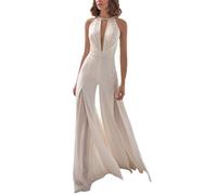 Monos Mujer Elegante Sin Mangas Playsuit Cuello En V Profundo Boda Fiesta Traje Pantalón Único con Encaje Largos Mono Pantalones Anchos Fiesta De Noche (Blanco,XL)
