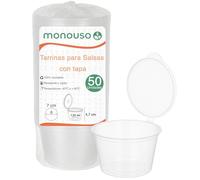 Monouso | 100 Tarrinas para Salsas de Plástico, 120ml, Ø7,1x4,7cm, Color Transparente, Tarros con Tapa Bisagra, Recipientes para Salsas, Reutilizable