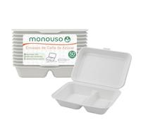 Monouso | 50 Envases de Caña de Azúcar, 251x162x65mm, Color Blanco, Caja para Hamburguesas, 2 Compartimentos, Take Away, Delivery, Recipientes con Tapa