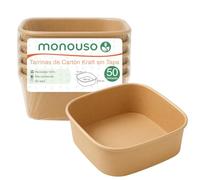 Monouso | 50 Tarrinas de Cartón Kraft, 13x13x5,6cm, 500ml, Biodegradables, Envases para Comida, Tiendas, Restaurantes, Take Away, Catering, Porciones Individuales, Sin tapa