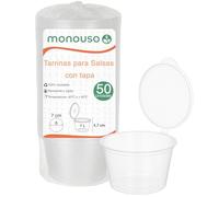 Monouso | 50 Tarrinas para Salsas de Plástico, 120ml, Ø7,1x4,7cm, Color Transparente, Tarros con Tapa Bisagra, Recipientes para Salsas, Reutilizable
