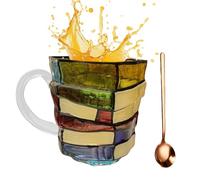 Monozoz Taza De Café Libro - Vajilla de Translúcido con Diseño Estético | Incluye Cuchara Taza Libros 3D,Para Amantes del Café, Té, Lectura y Navidad