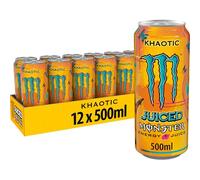 Monster Energy Khaotic Juice, Bebida Energética- Pack de 12 Latas de 500ml | Refresco energético con cafeína, taurina, ginseng, vitaminas B, sabor zumo de frutas y naranja cítrica, energía prolongada
