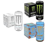 Monster Energy Original, Ultra White, y Mango Loco, Bebida Energética - Pack 12 Latas 500ml - 4 latas de cada sabor