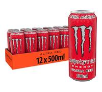 Monster Energy Ultra Red, Bebida EnergéticaPack de -12 Latas de 500ml | Refresco energético zero azúcar con cafeína, taurina, ginseng, vitaminas B, sabor suave a frutos rojos, energía prolongada