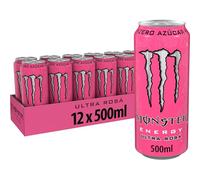 Monster Energy Ultra Rosa, Bebida Energética Sin Azúcar, Pack 12x500 ml | Refresco energético zero azúcar con cafeína, taurina, ginseng, vitaminas B, sabor suave a fresa, energía prolongada