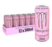 Monster Energy Ultra Strawberry, Bebida Energética Sin Azúcar, 12 x 500 ml | Refresco energético zero azúcar con cafeína, taurina, ginseng, vitaminas B, sabor suave a frutos rojos, energía prolongada