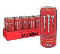 Monster Energy Ultra Watermelon, Bebida Energética Sin Azúcar, 12x500 ml | Refresco energético zero azúcar con cafeína, taurina, ginseng, vitaminas B, sabor suave a sandía, energía prolongada