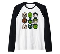 Monster Faces Pop Art Gráfico de Estilo Bloque de Halloween Camiseta Manga Raglan