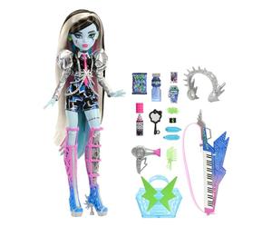 Monster High Amped Up Frankie Stein Look Cantante Estrella del Rock Muñeca articulada con Instrumentos y Accesorios, Juguete +4 años (Mattel HNF84)