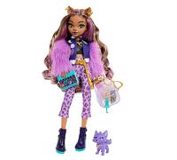 Monster High Clawdeen Wolf Muñeca con Chaqueta de Pelo | Mujer lobo con ropa morada, perro mascota Crescent y accesorios: mochila, agenda, snacks y más, HRP65