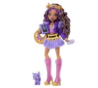 Monster High Clawdeen Wolf Muñeca con Chaqueta Motera Morada y Falda de Pelo, con Mascota Lobezno Crescent y 7 Accesorios como un Libro, un cruasán y un Bolso, JHK30