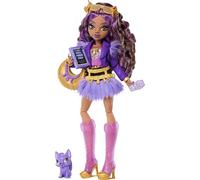 Monster High Clawdeen Wolf Muñeca con Chaqueta Motera Morada y Falda de Pelo, con Mascota Lobezno Crescent y 7 Accesorios como un Libro, un cruasán y un Bolso, JHK30