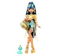 Monster High Cleo De Nile Muñeca con Ropa Dorada | Momia con blusa corta y falda, incluye cobra Hissette, mochila, merienda y pergamino, HXH74