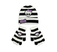 Monster High Conjunto de gorro y guantes a rayas negras, blancas y moradas para niñas | Accesorios cálidos de personajes para invierno | Elegante mercancía de dibujos animados para niños