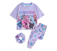 Monster High Conjunto de Pijama de 3 Piezas para niñas Altas | Top de Noche y Parte Inferior de Pierna Larga con Estampado Integral en Color Morado para niños | Pijamas de Manga Corta para niños