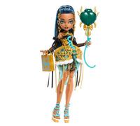 Monster High Cumplespantos Cleo De Nile Muñeca con vestido de fiesta dorado y accesorios temáticos como una invitación, un globo, un regalo, un pintalabios y mucho más, JBG76