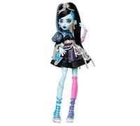 Monster High Cumplespantos Frankie Stein Muñeca con vestido de fiesta negro y accesorios temáticos como una invitación, un globo, un regalo, un pintalabios y mucho más, JBG75