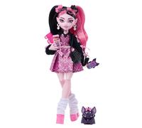Monster High Draculaura Muñeca con Vestido Rosa con Lazo y cárdigan Negro, murciélago Mascota Count Fabulous y 7 Accesorios, como Ramen, pintalabios y Bolso, JHK29
