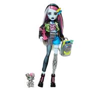 Monster High Frankie Stein muñeca | Frankenmonster con chaqueta y shorts vaqueros, incluye mascota Watzie y accesorios como mochila, merienda y cuaderno, HXH73