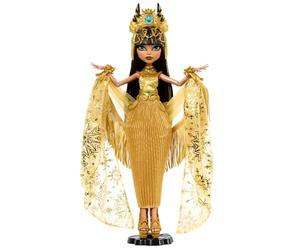Monster High Howliday Cleo De Nile Muñeca, muñeca Coleccionable de edición Invernal con Vestido Dorado, Accesorios relucientes y Chal de Flecos Brillante, HXJ00