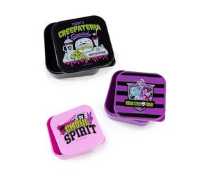 Monster High Juego de recipientes altos apilables para refrigerios en rosa, negro y morado | 3 recipientes especiales de Creepateria | Ghoul Spirit y las ofertas de Creepataria