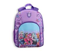 Monster High Mochila morada para niñas | Draculaura Frankie Stein Clawdeen Wolf gráfico | Cierre de cremallera con bolsillo frontal y parte trasera acolchada