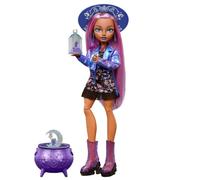 Monster High Muñeca, Moonspell Magic, Layla Stone la Bruja de los Cristales con caldero Sorpresa y Accesorios como Botella de poción y Libro de hechizos, JMB90