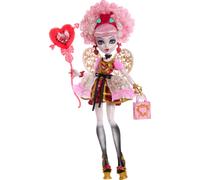 Monster High Cumplespantos Cupid Asteria Muñeca con vestido de fiesta rosa y rojo, y accesorios temáticos como una invitación, un globo, un regalo, un abanico y mucho más, JBG77